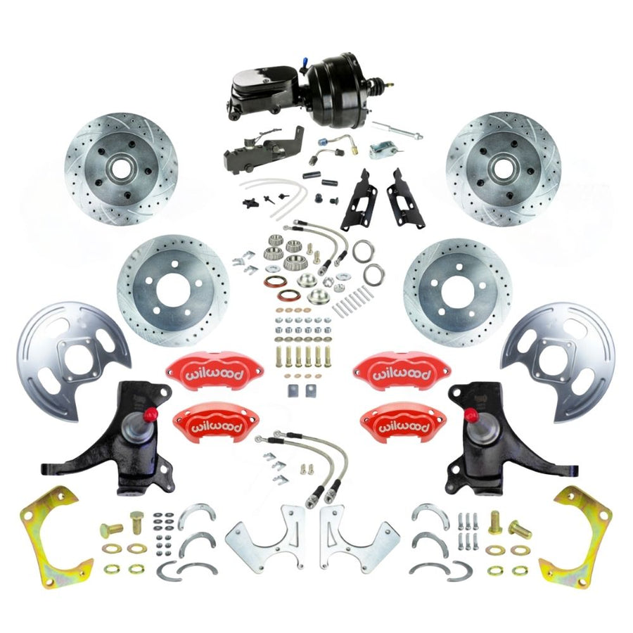 The Right Stuff 1973-87 GM C10/C15 Truck/Suburban 2WD 2" Drop Performance Series Power 4-Wheel Disc Brake Kit with Red Wilwood Calipers, Drilled and Slotted Rotors, Stainless Hoses, and Black Booster Master Assembly - (TDC7355DZYP)
