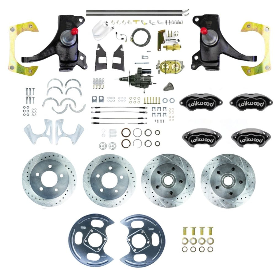 The Right Stuff 1973-87 GM C10/C15 Truck/Suburban 2WD 2" Drop Performance Series Hydraulic Brake Assist 4-Wheel Disc Brake Kit with Black Wilwood Calipers, Drilled and Slotted Rotors, and Braided Stainless Hoses - (THB7355DBP)
