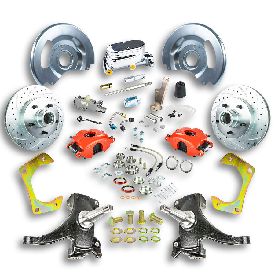 The Right Stuff 63-70 GM Truck & Sub, 2" Drop Std Front Disc Brake Kit Red Calipers Chrome Upper - (TSD6315DZX)