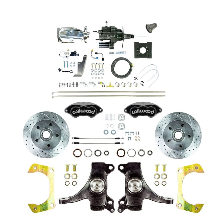 The Right Stuff 1963-66 Chevy/GMC Truck Performance Series, 2" Drop, Hydro Boost Disc Brake Conversion, Black Wilwood Calipers, Drilled and Slotted Rotors, Braided Stainless Hoses, and Chrome Upper Assembly - (THB6325DBXP)