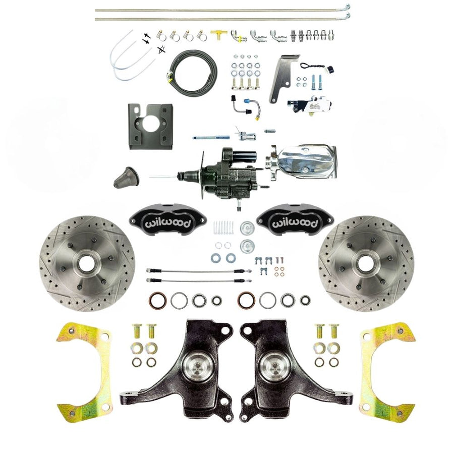The Right Stuff 1967-70 GM C10/15 Truck/Suburban, 2" Drop, Performance Series Hydraulic Brake Assist Front Disc Kit, Black Wilwood Calipers, Drilled and Slotted Rotors, Stainless Hoses, Chrome Upper Assembly - (THB6726DBXP)
