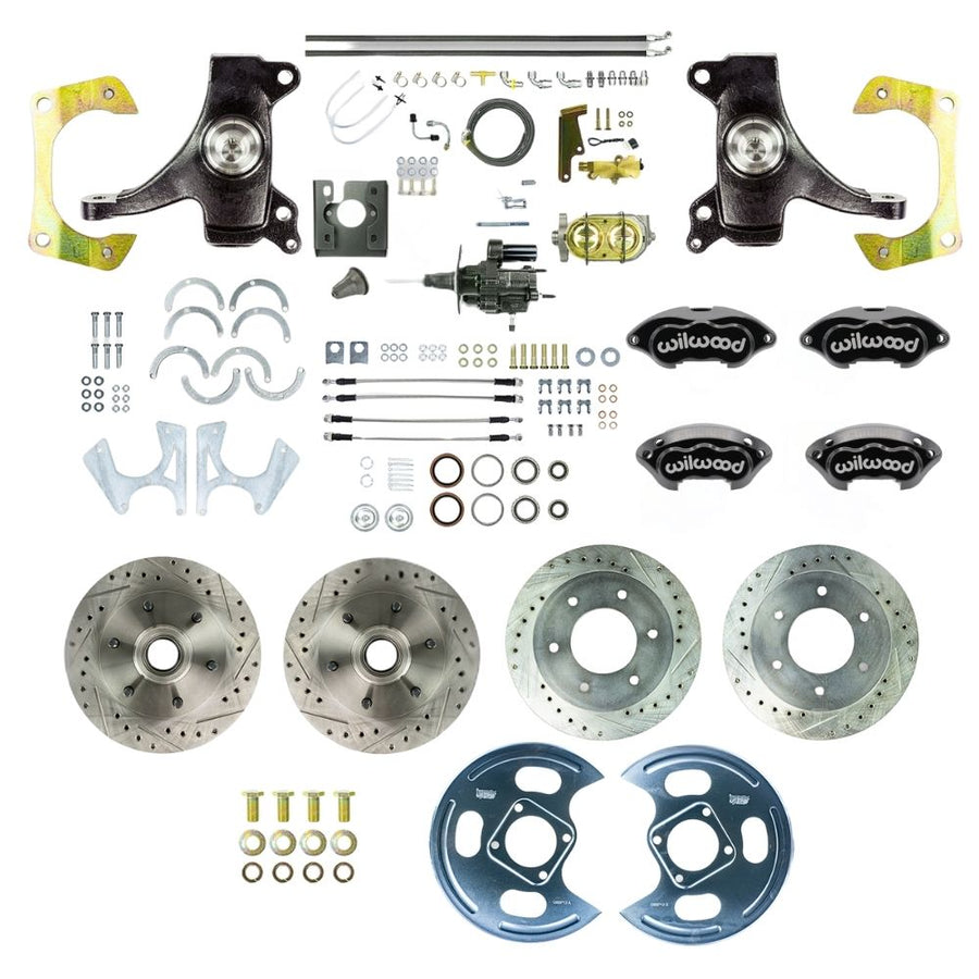 The Right Stuff 1967-70 GM/Chevy C10/C15 Truck/Suburban 2" Drop, Performance Series Hydraulic Brake Assist 4-Wheel Disc Kit, Black Wilwood Calipers, Drilled and Slotted Rotors, and Braided Stainless Hoses 6x5.5 - (THB6756DBP)
