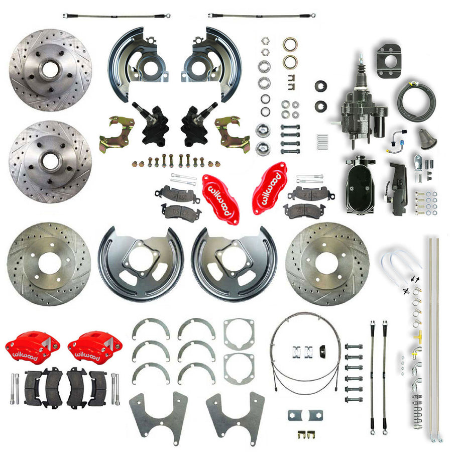 The Right Stuff 67-69 GM F-Body Staggered 2 Drop Black Hydraulic Brake Assist 4 Wheel Disc Conv Red Caliper - (AFXHB25DZY)