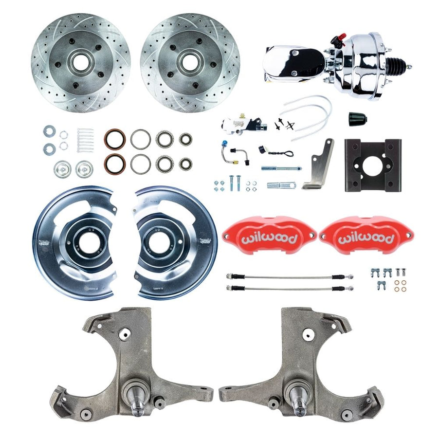 The Right Stuff 1963-66 Chevy/GMC Truck Performance Series, Power Front Disc Brake Conversion Kit, Red Wilwood Calipers, Drilled and Slotted Rotors, Braided Stainless Hoses, and Chrome Booster Master Assembly - (TDC6325ZXP)