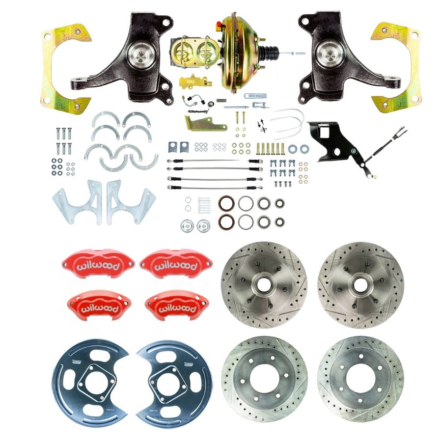 The Right Stuff 1967-70 GM/Chevy C10/C15 Truck/Sub 2" Drop, Performance Series Power 4-Wheel Disc Brake Kit Red Wilwood Calipers, Drilled and Slotted Rotors, and Braided Stainless Hoses 6x5.5 Bolt Pattern - (TDC6756DZP)