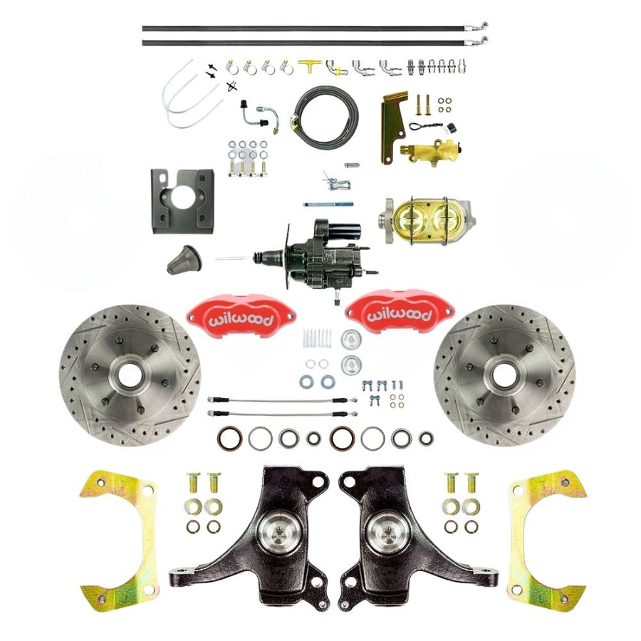 The Right Stuff 1967-70 Chevy C10/C15 Truck/Suburban 2" Drop, Performance Series Hydraulic Brake Assist Front Disc Kit, Red Wilwood Calipers, Drilled and Slotted Rotors, and Braided Stainless Hoses 6x5.5 Bolt Pattern - (THB6726DZP)