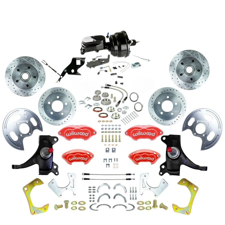The Right Stuff 1971-72 GM C10/C15 Truck/Suburban 2" Drop Performance Series Power 4-Wheel Disc Kit with Red Wilwood Calipers, Drilled and Slotted Rotors, Braided Stainless Hoses, and Black Booster Master Assembly - (TDC7155DZYP)