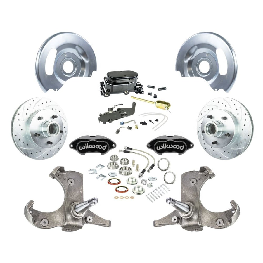 The Right Stuff 1963-70 Chevy/GMC Truck/Suburban, Manual Front Disc Brake Kit with Black Wilwood Calipers, Drilled and Slotted Rotors, Braided Stainless Hoses, and Black Upper, 5 Lug - (TSD6315BYP)