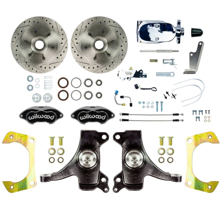 The Right Stuff 1963-70 Chevy/GMC Truck/Suburban, 2" Drop Manual Front Disc Brake Kit with Black Wilwood Calipers, Drilled and Slotted Rotors, Braided Stainless Hoses, and Chrome Booster Master Assembly, 6 Lug - (TSD6316DBXP)