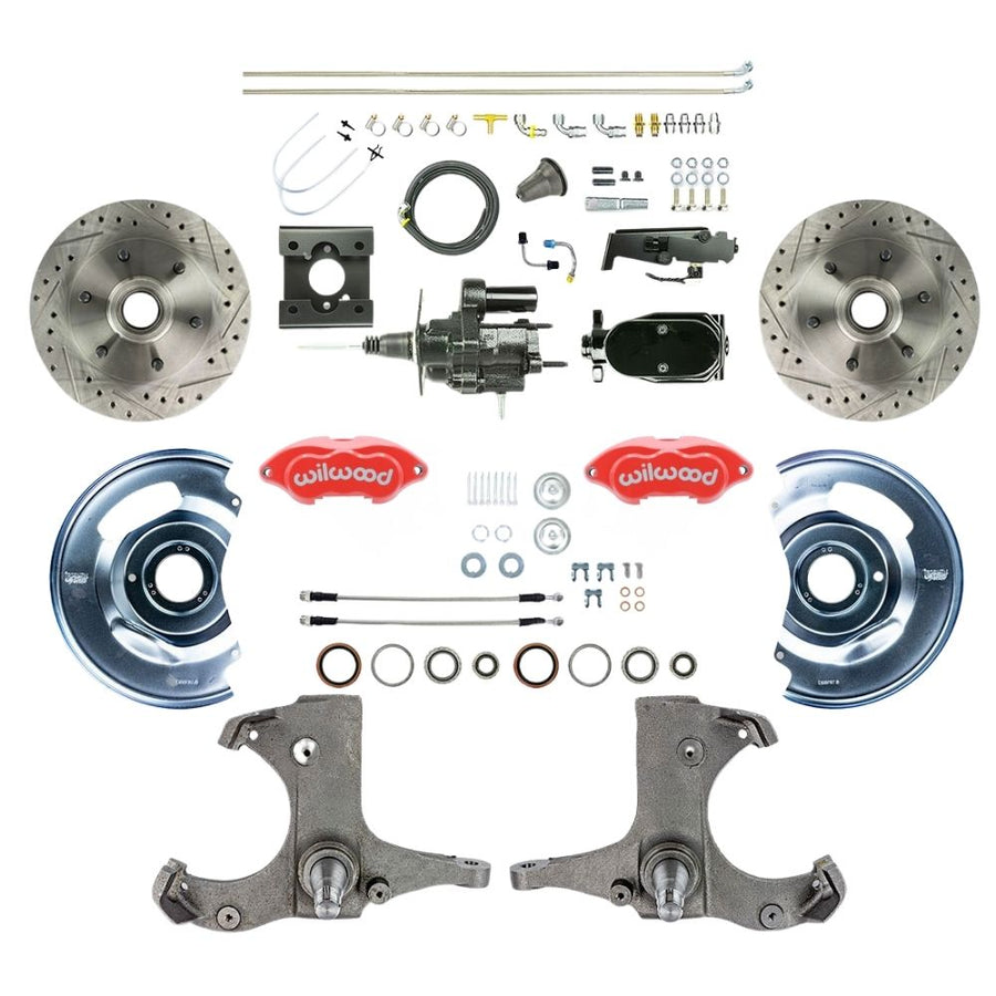 The Right Stuff 1963-66 GM Truck/Sub, Performance Series Black Hydraulic Brake Assist Front Disc Brake Conversion with Red Wilwood Calipers, Drilled and Slotted Rotors, Stainless Hoses, Black Upper Assembly - (THB6326ZYP)