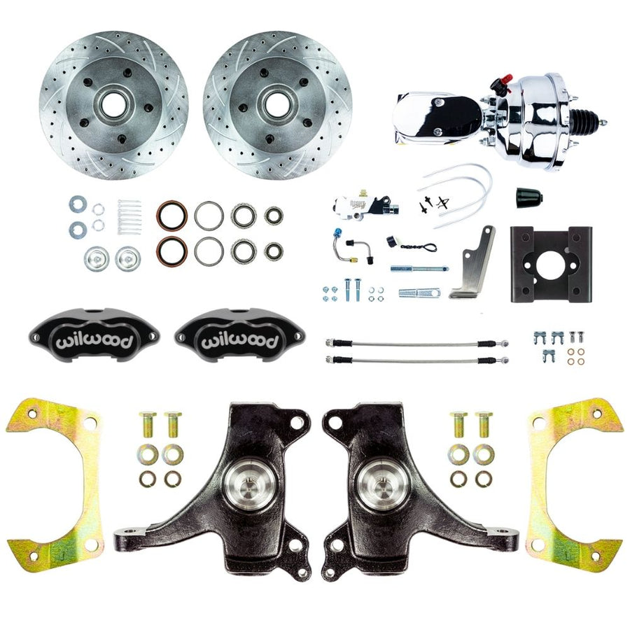 The Right Stuff 1963-66 Chevy/GMC Truck, Performance Series, 2" Drop, Power Front Disc Brake Conversion, Black Wilwood Calipers, Drilled and Slotted Rotors, Braided Stainless Hoses, and Chrome Booster Master Assembly - (TDC6325DBXP)