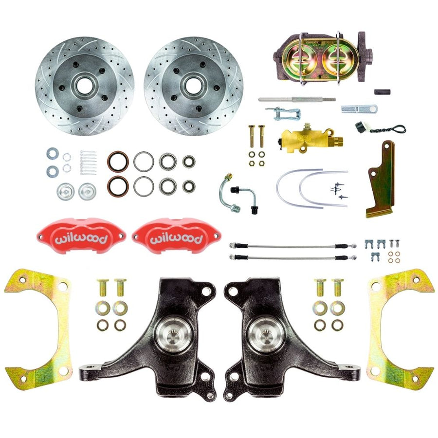 The Right Stuff 1963-70 Chevy/GMC Truck/Suburban, 2" Drop Manual Front Disc Brake Kit with Red Wilwood Calipers, Drilled and Slotted Rotors, and Braided Stainless Hoses, 5 Lug - (TSD6315DZP)