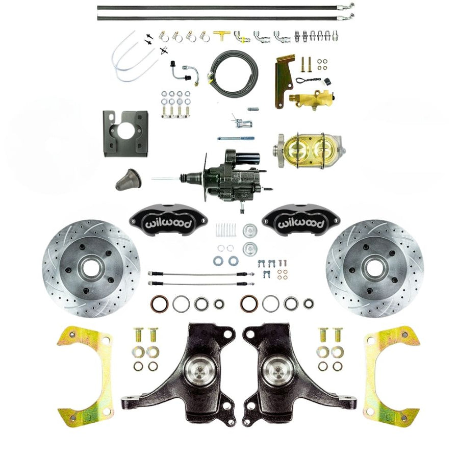 The Right Stuff 1967-70 Chevy C10/15 Truck/Sub, 2" Drop, Hydraulic Brake Assist Performance Series Front Disc Brake Kit, Black Wilwood Calipers, Drilled and Slotted Rotors, and Braided Stainless Hoses 5x5 - (THB6725DBP)