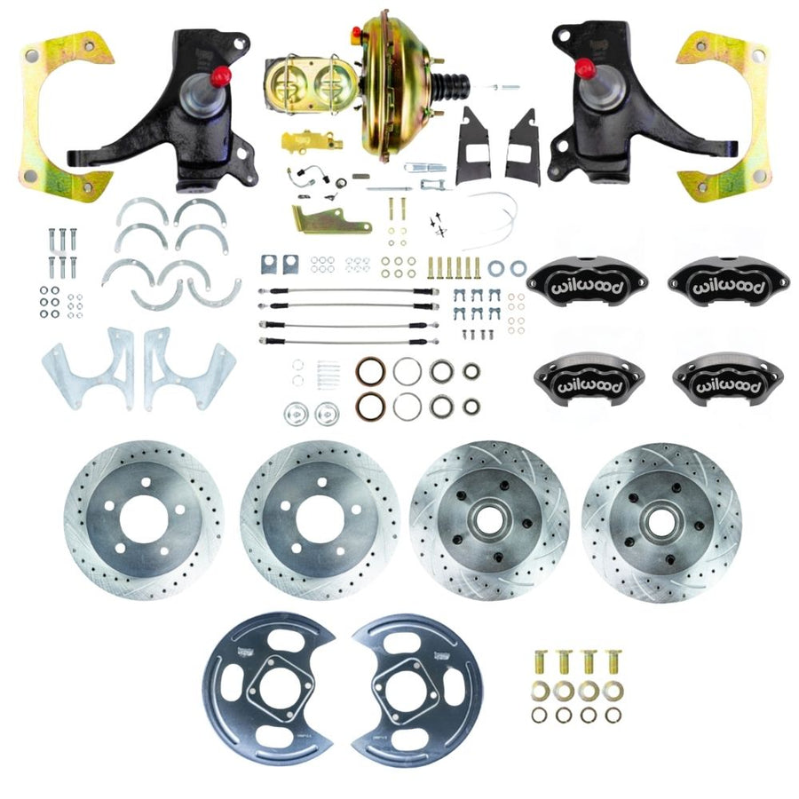 The Right Stuff 1973-87 GM C10/C15 Truck/Suburban 2WD 2" Drop Performance Series Power 4-Wheel Disc Brake Kit with Black Wilwood Calipers, Drilled and Slotted Rotors, and Braided Stainless Hoses - (TDC7355DBP)