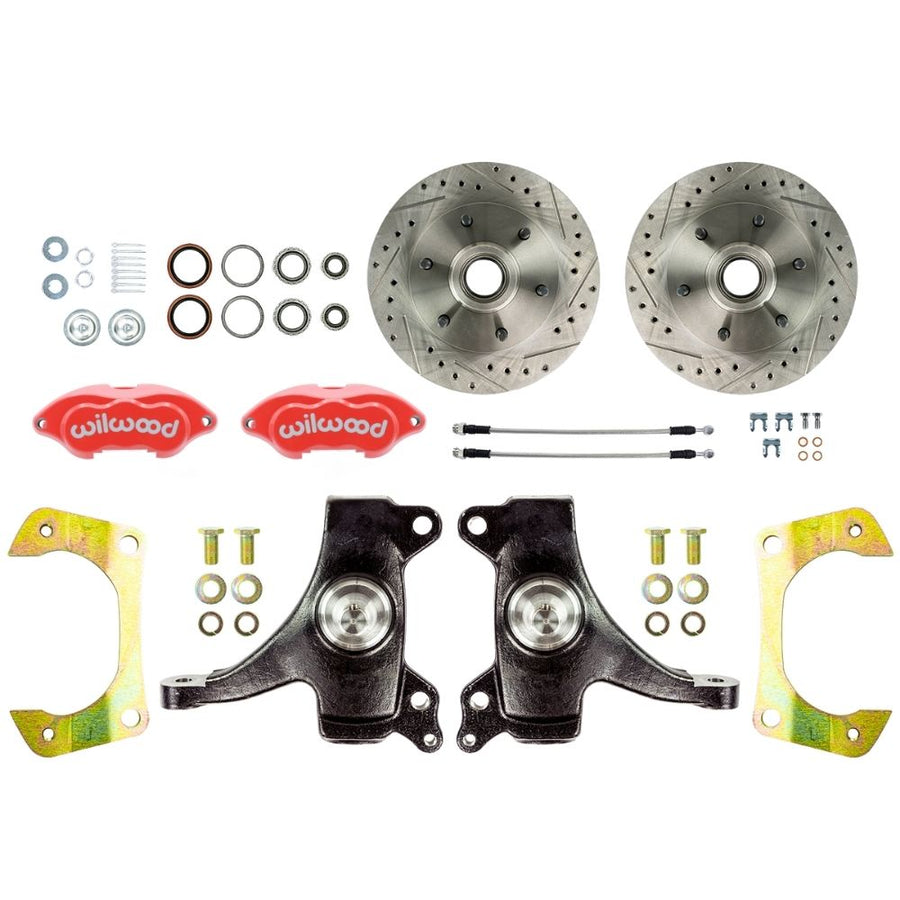 The Right Stuff 1963-70 GM/Chevy Truck/Suburban, 2WD, 2" Drop Performance Series At The Wheel Disc Brake Kit; Red Wilwood Calipers, Drilled and Slotted Rotors, and Braided Stainless Hoses - (TWK6316DZP)