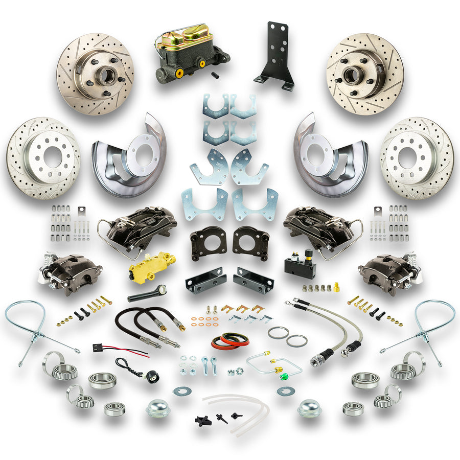 The Right Stuff 1964-66 Ford Manual 4 Wheel Disc Conv Kit, with Small Ford 9" or 8" Rear End, Drilled/Slotted Rotors, Black Calipers - (ZSD6455S)