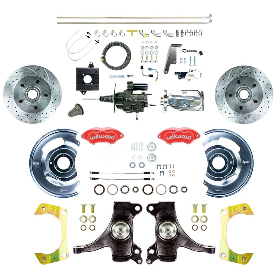 The Right Stuff 1960-62 Chevy/GMC Performance Series Hydraulic Brake Assist 2" Drop, Front Disc Brake Conversion, Red Wilwood Calipers, Drilled and Slotted Rotors, Stainless Hoses, and Chrome Upper Assembly - (THB6015DZXP)