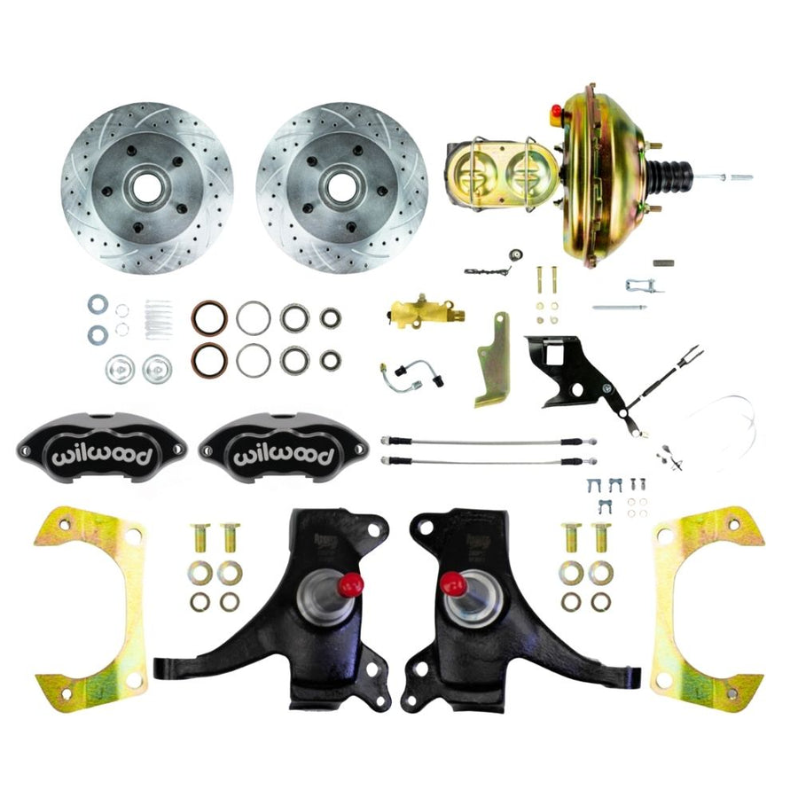 The Right Stuff 1971-72 GM C10/15 Truck/Suburban, 2" Drop Performance Series Power Front Disc Brake Kit with Black Wilwood Calipers, Drilled and Slotted Rotors, and Braided Stainless Hoses - (TDC7125DBP)