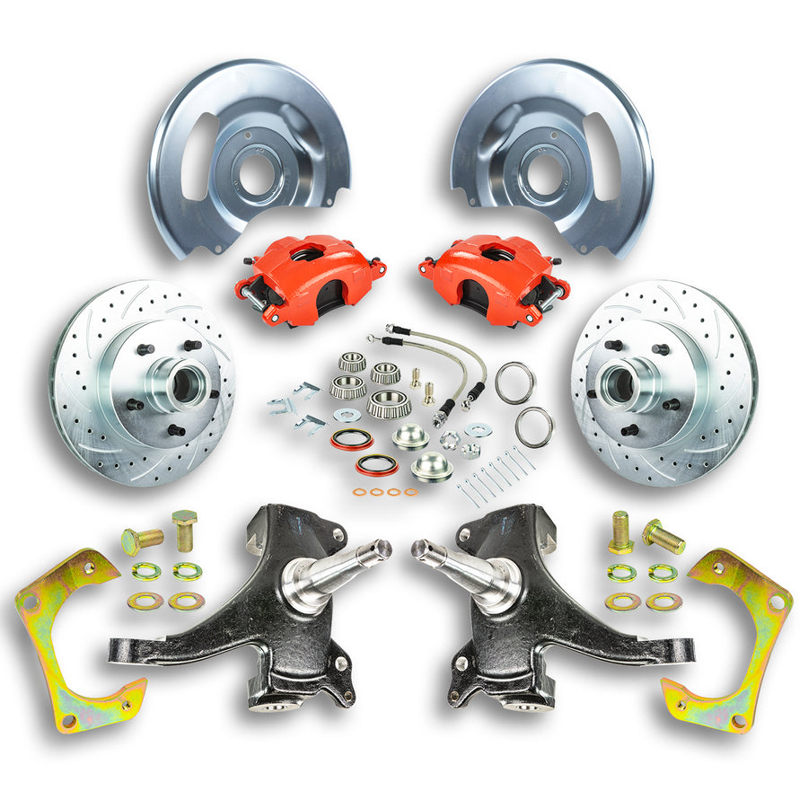 The Right Stuff 63-70 GM Truck/Suburban, 2WD, 2" Drop At The Wheel Disc Brake kit Red Calipers - (TWK6315DZ)