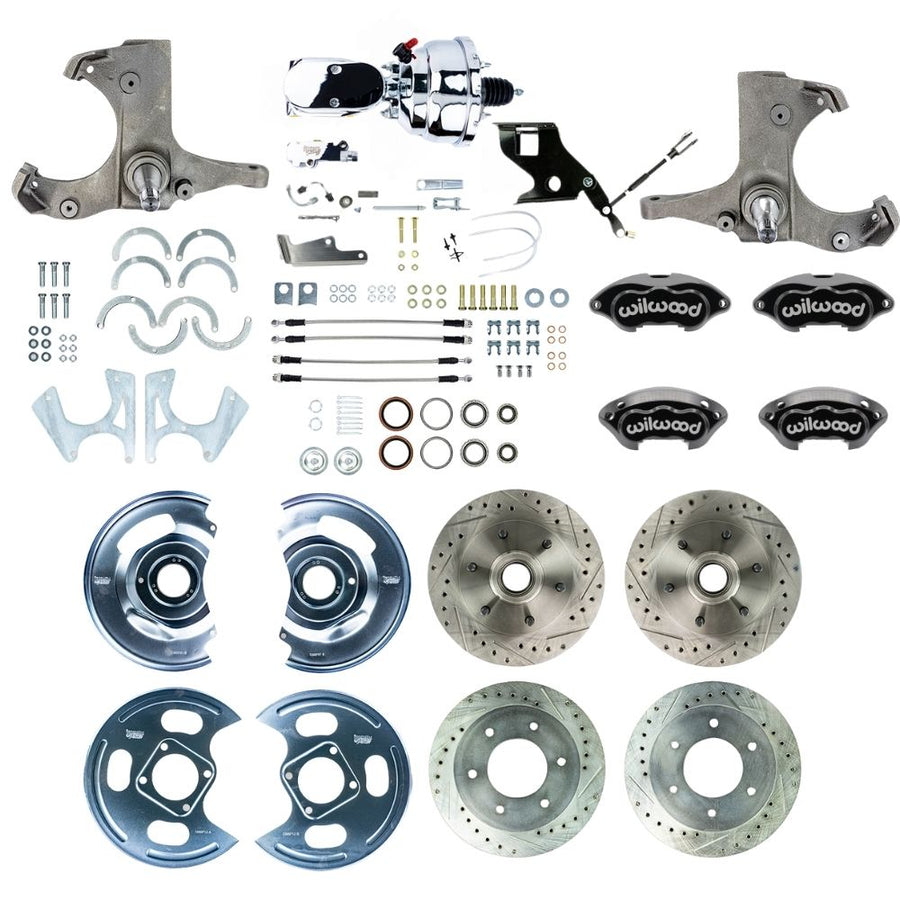 The Right Stuff 1967-70 GM/Chevy C10/C15 Truck/Sub 2WD, Performance Series Power 4-Wheel Disc Kit, Black Wilwood Calipers, Drilled and Slotted Rotors, Braided Stainless Hoses, and Chrome Booster Master Assembly 6x5.5 - (TDC6756BXP)