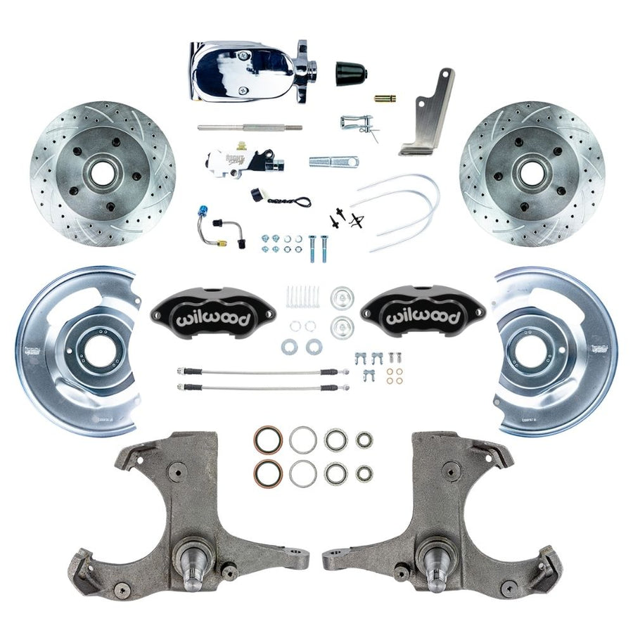 The Right Stuff 1960-62 Chevy/GMC Truck Performance Series, Standard Front Disc Brake Conversion Kit, Black Wilwood Calipers, Drilled and Slotted Rotors, Braided Stainless Hoses, and Chrome Booster Master Assembly - (TSD6015BXP)