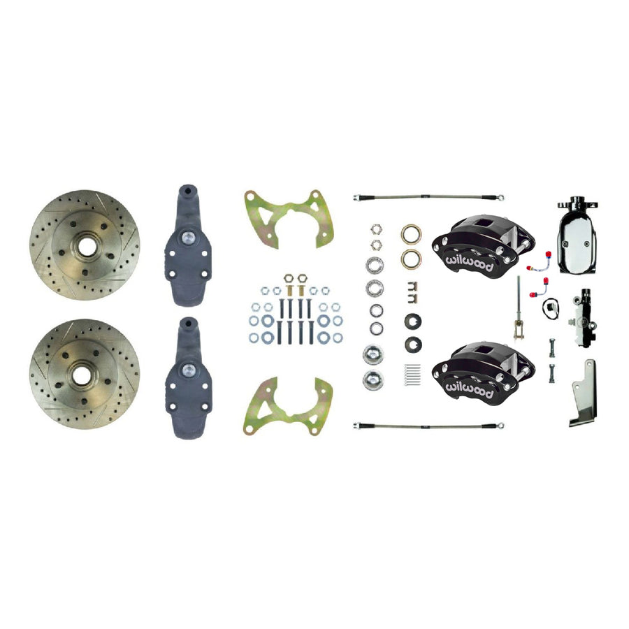 The Right Stuff 1965-70 Chevrolet Impala 2" Drop Performance Series Front Manual Disc Brake Conversion Kit with Black Wilwood Calipers, Drilled and Slotted Rotors, Braided Stainless Hoses, and Chrome Master and Valve - (FSC66SDDSX)