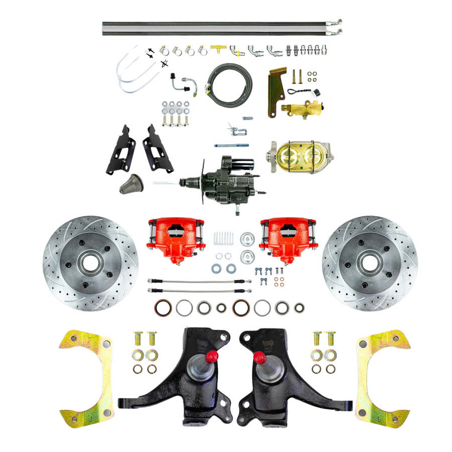 The Right Stuff 73-87 GM C10/C15 Truck/Suburban 2" Drop, Power Hydraulic Brake Assist Disc Kit Red Calipers - (THB7325DZ)