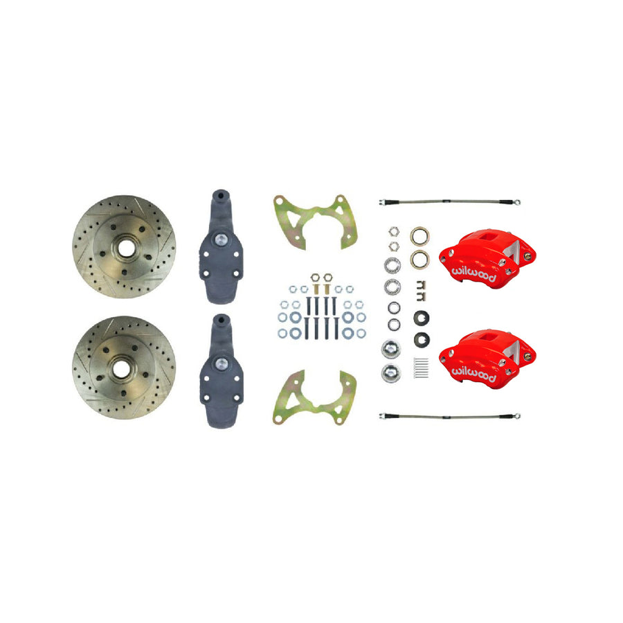 The Right Stuff 1965-70 Chevrolet Impala, 2" Drop, Performance Series Front At-the-Wheel Disc Brake Conversion Kit, Red Wilwood Calipers, Drilled and Slotted Rotors, and Braided Stainless Hoses - (FSC66WKDZ)