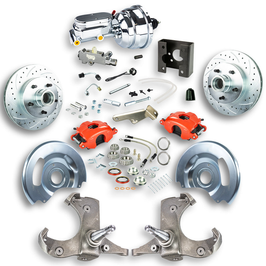 The Right Stuff 63-66 Chevy/GMC Truck/Sub, Pwr Front Disc Kit, Red Calipers, Chrome Upper 5x5 Bolt Pattern - (TDC6325ZX)