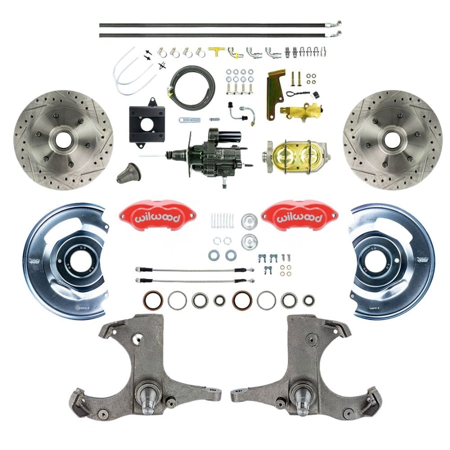 The Right Stuff 1960-62 Chevy/GMC Truck/Suburban Hydraulic Brake Assist Performance Series, Front Disc Brake Conversion Kit, Red Wilwood Calipers, Drilled and Slotted Rotors, and Braided Stainless Hoses - (THB6016ZP)