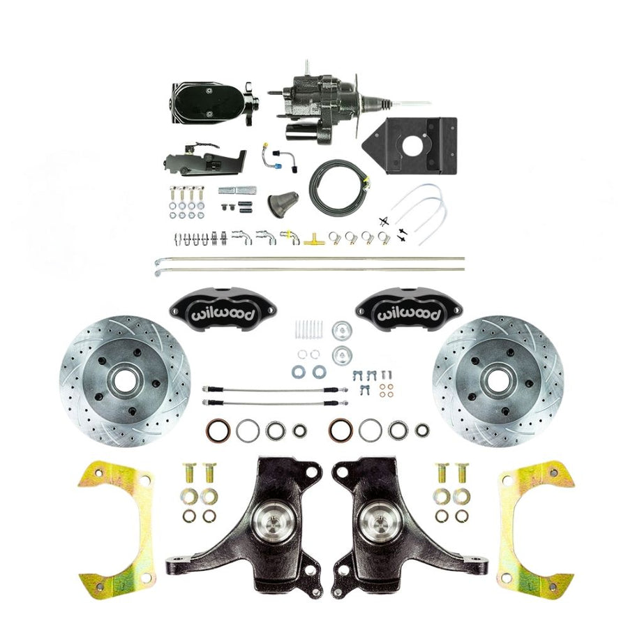 The Right Stuff 1960-62 Chevy/GMC Truck/Suburban, 2" Drop Performance Series Hydraulic Brake Assist Front Disc Kit, Black Wilwood Calipers, Drilled and Slotted Rotors, Stainless Hoses, Black Upper Assembly - (THB6015DBYP)