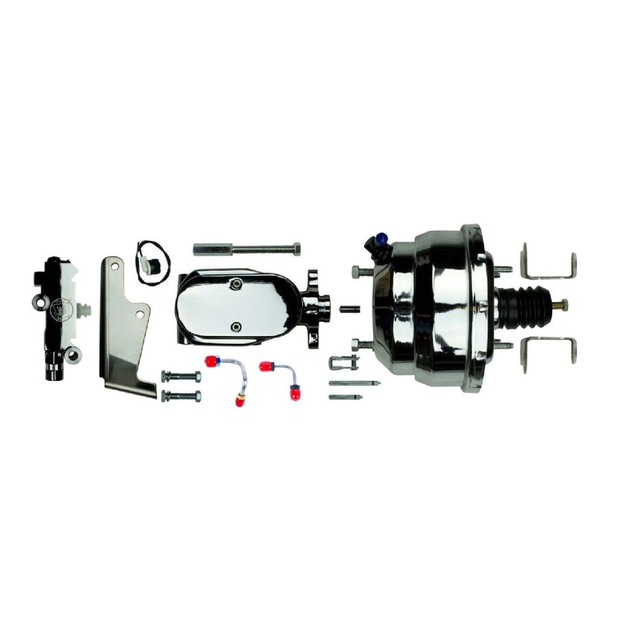 The Right Stuff 1964-72 GM A/F/X-Body Complete Chrome Upper Assembly with 8" Dual Booster, Master Cylinder and Proportioning Valve Combination Kit for Disc/Drum - (J81315171)