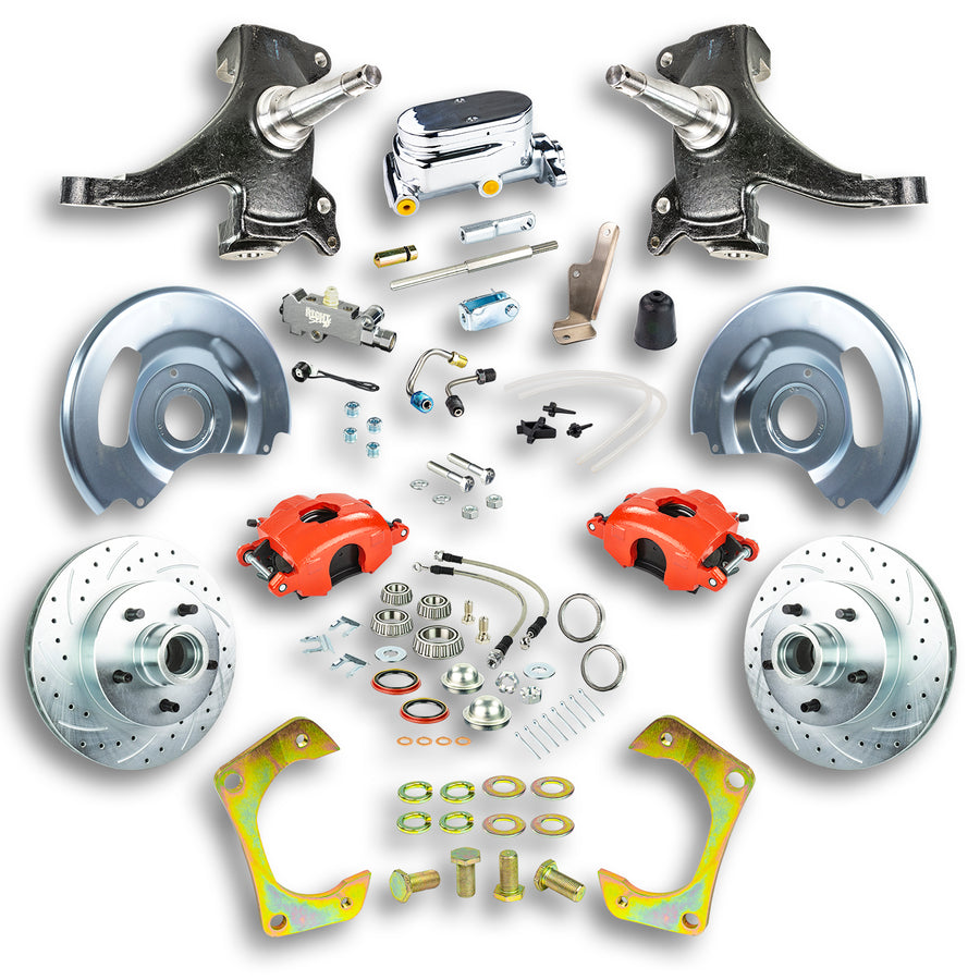 The Right Stuff 60-62 GM Truck & Suburban, 2" Drop, Std Front Disc Kit Red Calipers Chrome Upper - (TSD6015DZX)