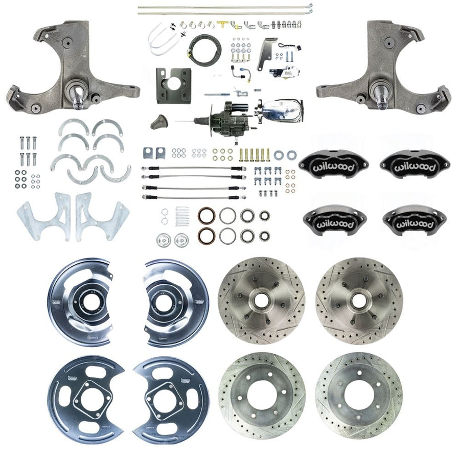 The Right Stuff 1967-70 GM/Chevy C10/C15 Truck/Sub 2WD, Performance Series Hydraulic Brake Assist 4-Wheel Disc Kit, Black Wilwood Calipers, Drilled and Slotted Rotors, Stainless Hoses, Chrome Upper Assembly - (THB6756BXP)