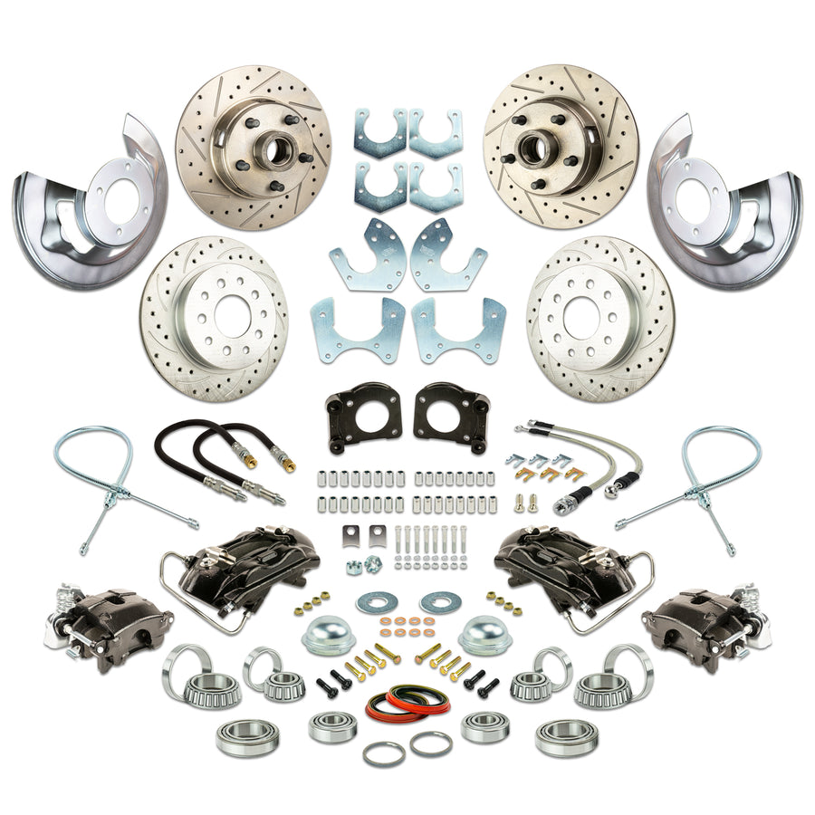 The Right Stuff 1964-73 Ford 4 Wheel Disc At-The-Wheel Conv Kit, Small Ford 9" or 8" Rear End, Drilled/Slotted Rotors, Black Calipers - (ZWK6455S)