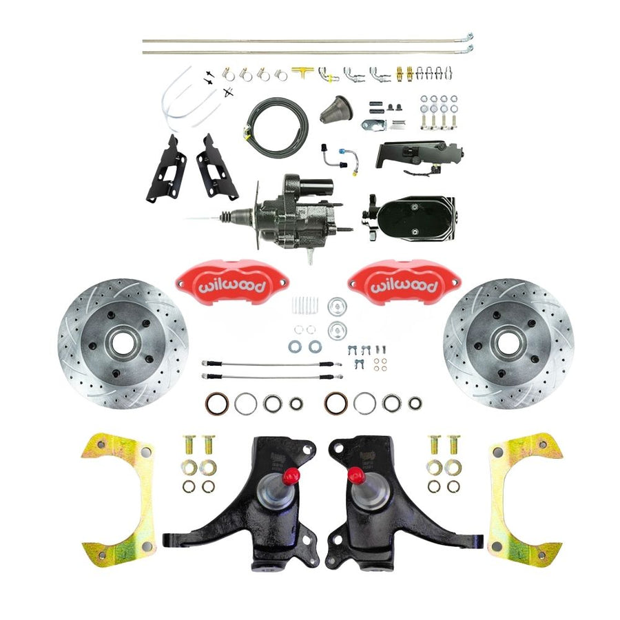 The Right Stuff 1973-87 GM C10/C15 Truck/Suburban, 2WD, 2" Drop Performance Series Black Hydraulic Brake Assist Disc Kit, with Red Wilwood Calipers, Drilled and Slotted Rotors, Stainless Hoses, Black Upper Assembly - (THB7325DZYP)
