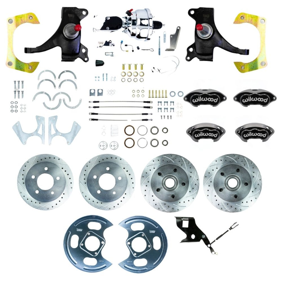 The Right Stuff 1971-72 GM C10/15 Truck/Suburban 2" Drop Performance Series Power 4-Wheel Disc Kit with Black Wilwood Calipers, Drilled and Slotted Rotors, Braided Stainless Hoses, and Chrome Booster Master Assembly - (TDC7155DBXP)