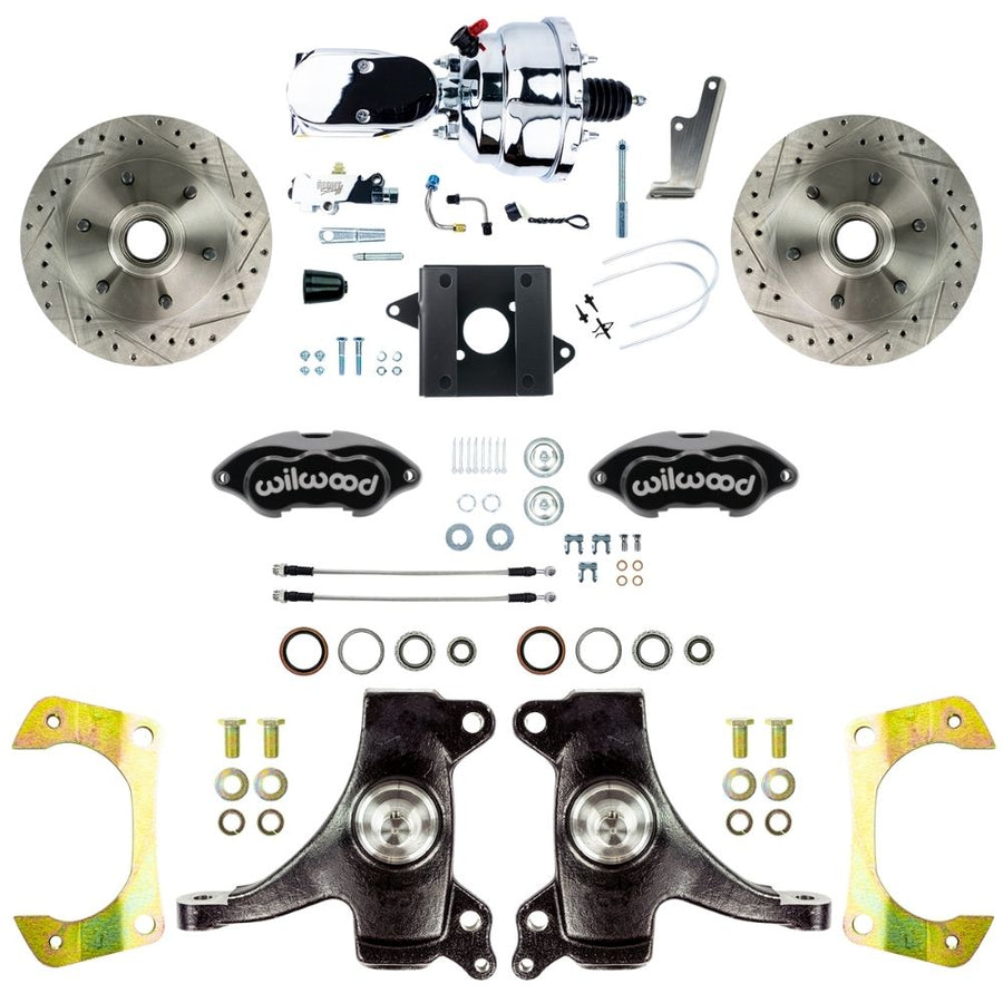 The Right Stuff 1960-62 Chevy/GMC Performance Series 2" Drop, Power Front Disc Brake Conversion with Black Wilwood Caliper, Drilled and Slotted Rotors, Braided Stainless Hoses, Chrome Booster Master Assembly - (TDC6016DBXP)