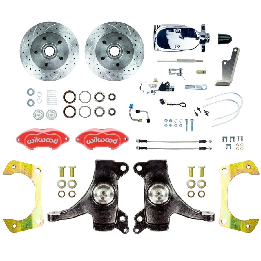 The Right Stuff 1963-70 Chevy/GMC Truck/Suburban, 2" Drop Manual Front Disc Brake Kit with red Wilwood Calipers, Drilled and Slotted Rotors, Braided Stainless Hoses, and Chrome Booster Master Assembly, 5 Lug - (TSD6315DZXP)