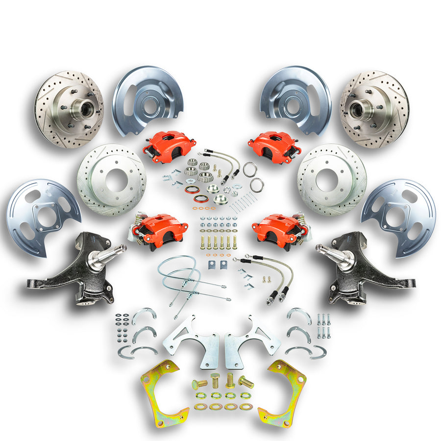 The Right Stuff 63-70 GM Truck/Suburban 2WD 2" Drop, 4 wheel At The Wheel Disc Kit, Red Calipers - (TWK6346DZ)