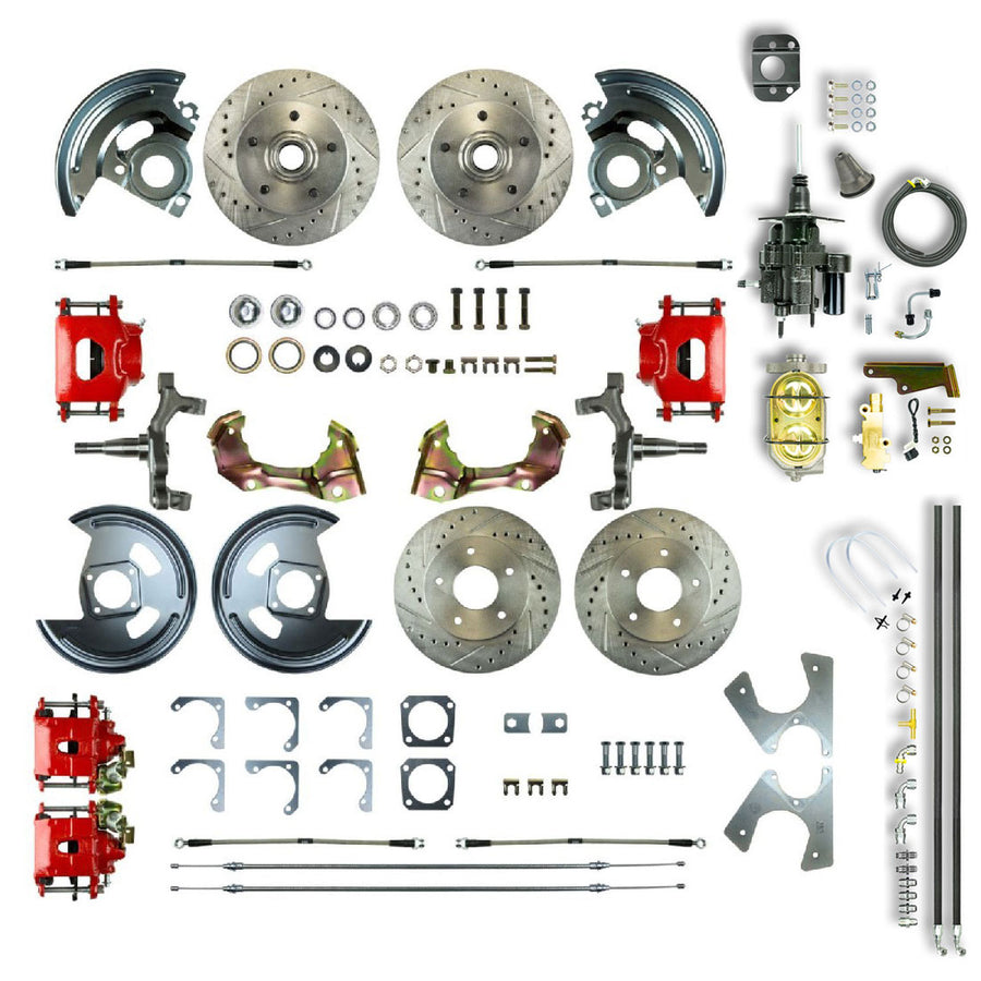 The Right Stuff 64-72 GM A-Body, Hydraulic Brake Assist Boost, 2" Drop, 4-Wheel Disc Brake Kit Red Calipers - (AFXHB41DZ)
