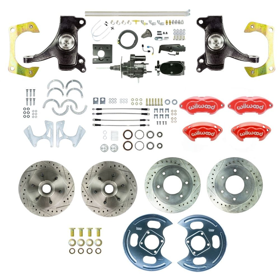 The Right Stuff 1967-70 GM/Chevy C10/C15 Truck/Sub 2" Drop, Performance Series Hydraulic Brake Assist 4-Wheel Disc Kit, Red Wilwood Calipers, Drilled and Slotted Rotors, Stainless Hoses, Black Upper Assembly - (THB6756DZYP)