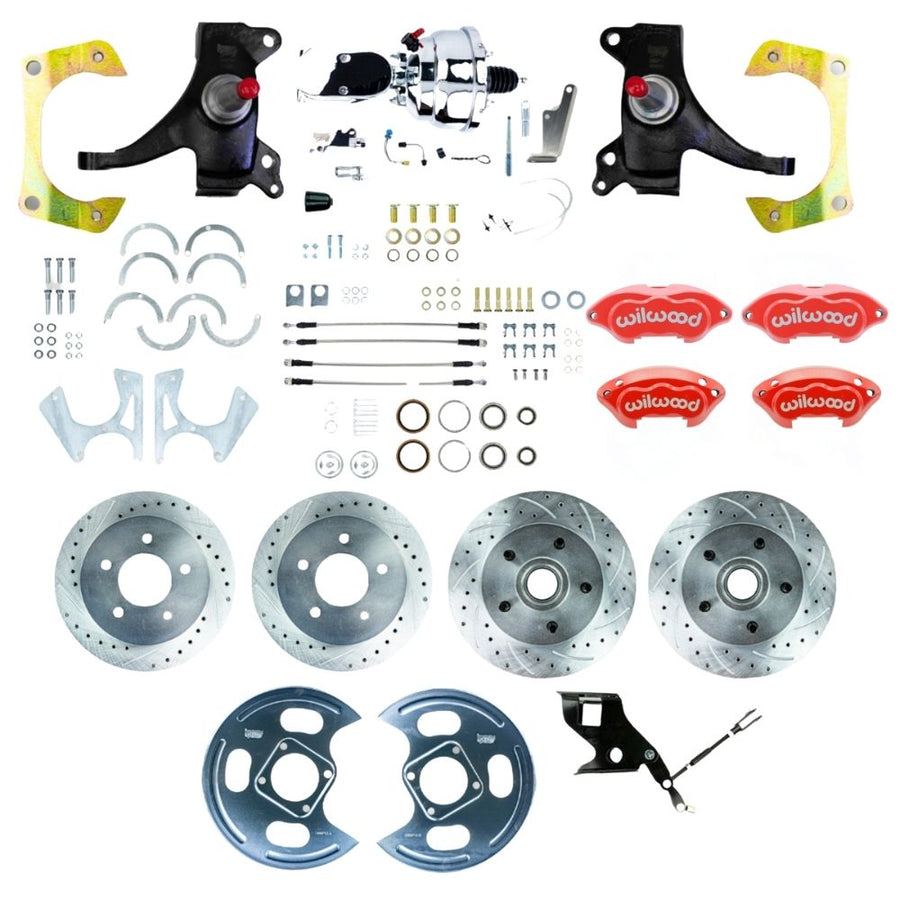 The Right Stuff 1971-72 GM C10/C15 Truck/Suburban 2" Drop Performance Series Power 4-Wheel Disc Kit with Red Wilwood Calipers, Drilled and Slotted Rotors, Braided Stainless Hoses, and Chrome Booster Master Assembly - (TDC7155DZXP)
