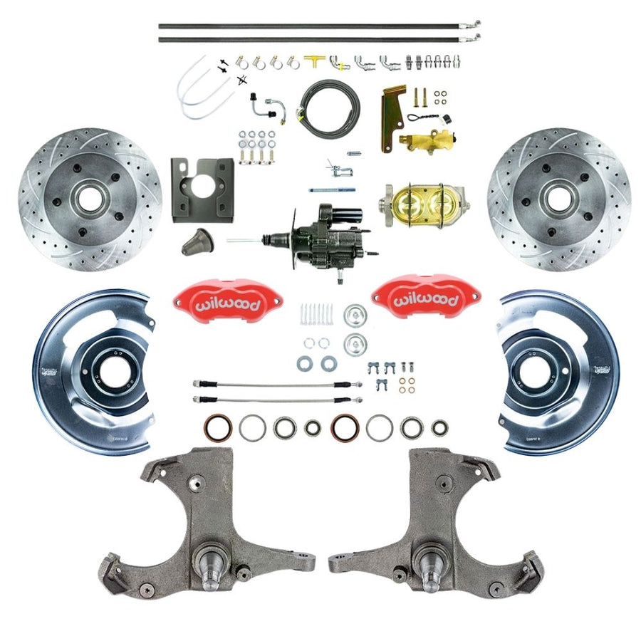 The Right Stuff 1967-1970 Chevy C10/15 Truck/Suburban, Hydraulic Brake Assist Performance Series, Front Disc Brake Kit with Red Wilwood Calipers, Drilled and Slotted Rotors, and Braided Stainless Hoses; 5x5 - (THB6725ZP)