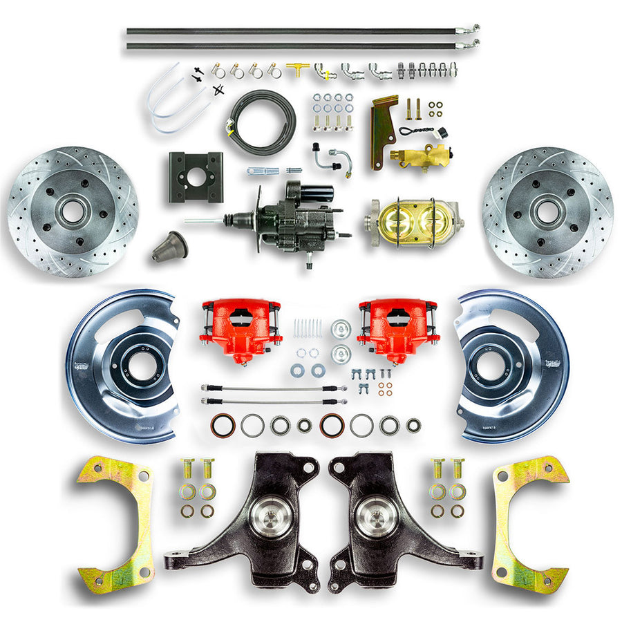 The Right Stuff 63-66 Chevy/GMC Truck/Suburban 2" Drop, Hydraulic Brake Assist Front Disc Conv Red Calipers - (THB6325DZ)