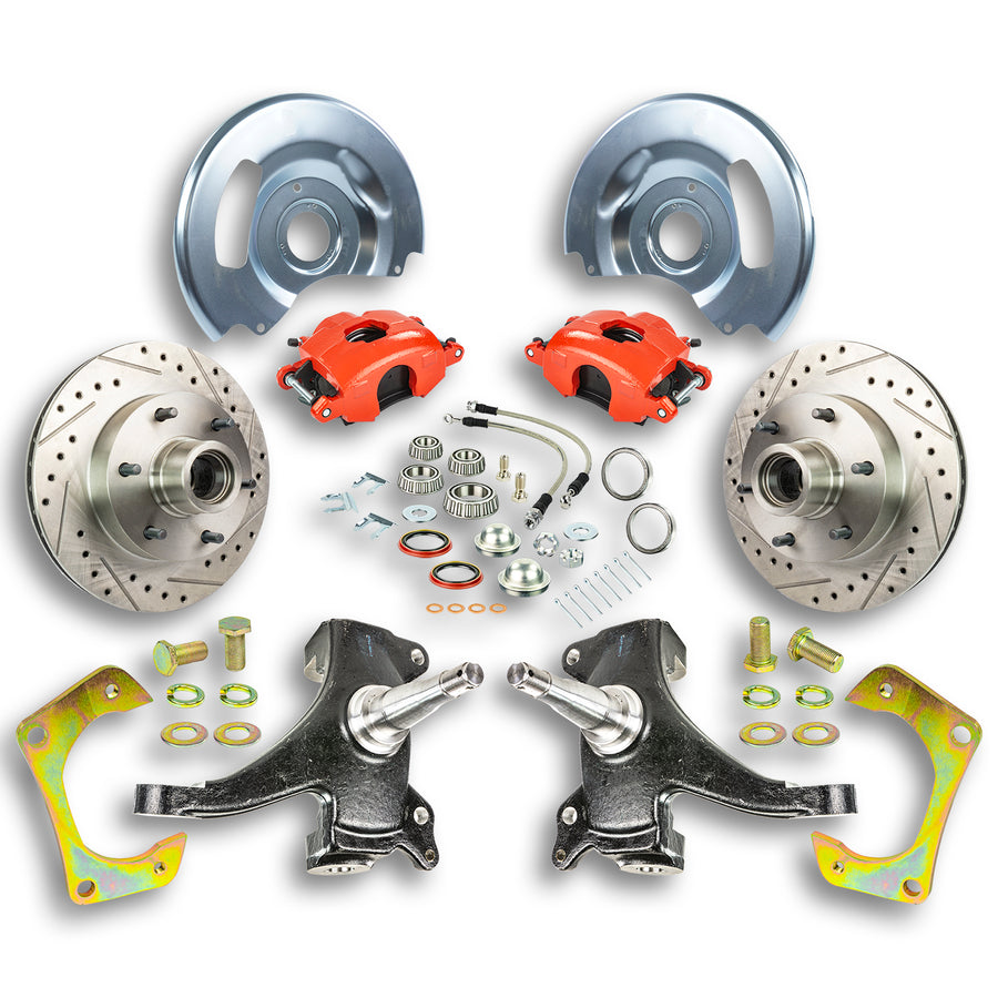 The Right Stuff 63-70 GM Truck/Suburban, 2WD, 2" Drop At The Wheel Disc Brake kit Red Calipers - (TWK6316DZ)
