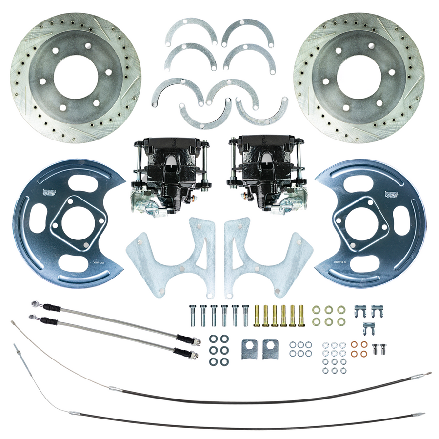 The Right Stuff 1973-1987 Chevy/GMC Truck Rear Disc Brake Conversion Kit, with Black Calipers, Drilled and Slotted Rotors, Backing Plates and E-brake Cables, 6 Lug - (TRD4846S)