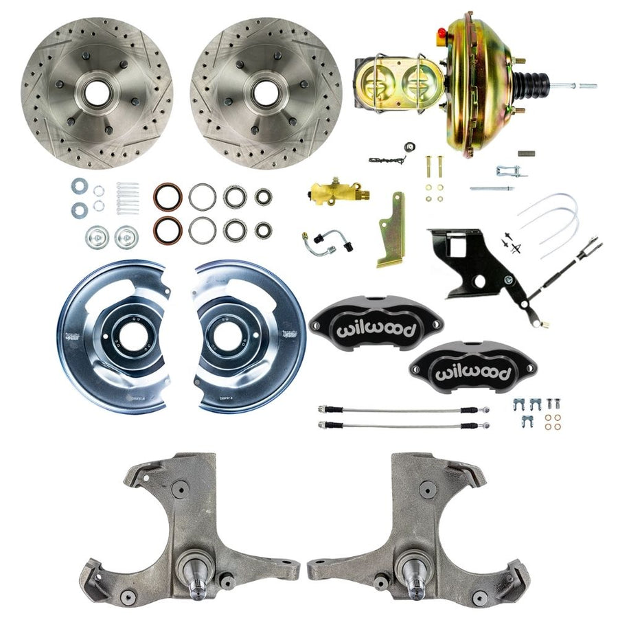 The Right Stuff 1967-70 Chevy C10/15 Truck/Suburban, Performance Power Front Disc Brake Kit with Black Wilwood Calipers, Drilled and Slotted Rotors, and Braided Stainless Hoses; 6x5.5 Bolt Pattern - (TDC6726BP)