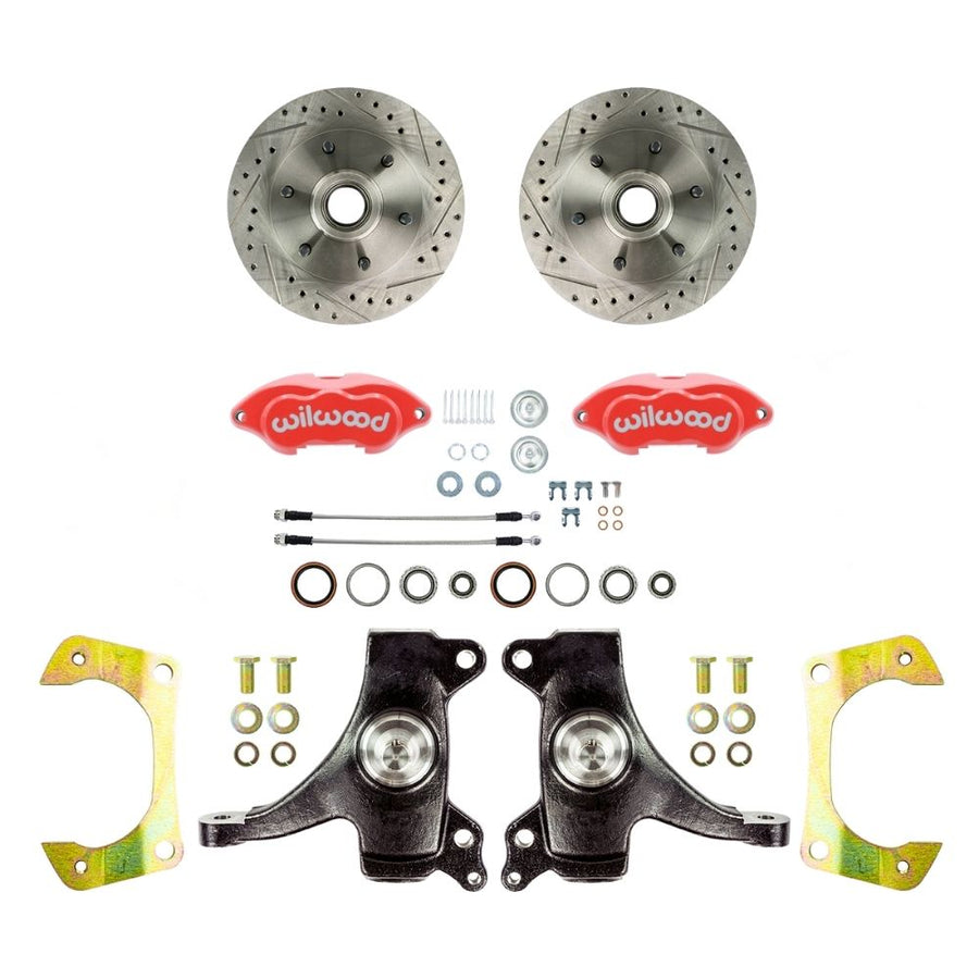 The Right Stuff 1960-62 GM/Chevy Truck/Suburban 2WD, 2" Drop Performance Series At The Wheel Disc Brake, Red Wilwood Calipers, Drilled and Slotted Rotors, and Braided Stainless Hoses 6x5.5 - (TWK6016DZP)