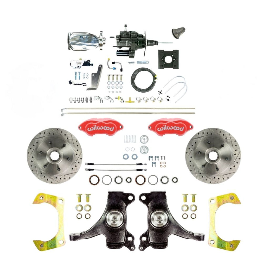 The Right Stuff 1963-66 Chevy/GMC Truck Performance Series, 2" Drop, Hydro Boost Disc Brake Conversion, Red Wilwood Calipers, Drilled and Slotted Rotors, Braided Stainless Hoses, and Chrome Upper Assembly - (THB6326DZXP)